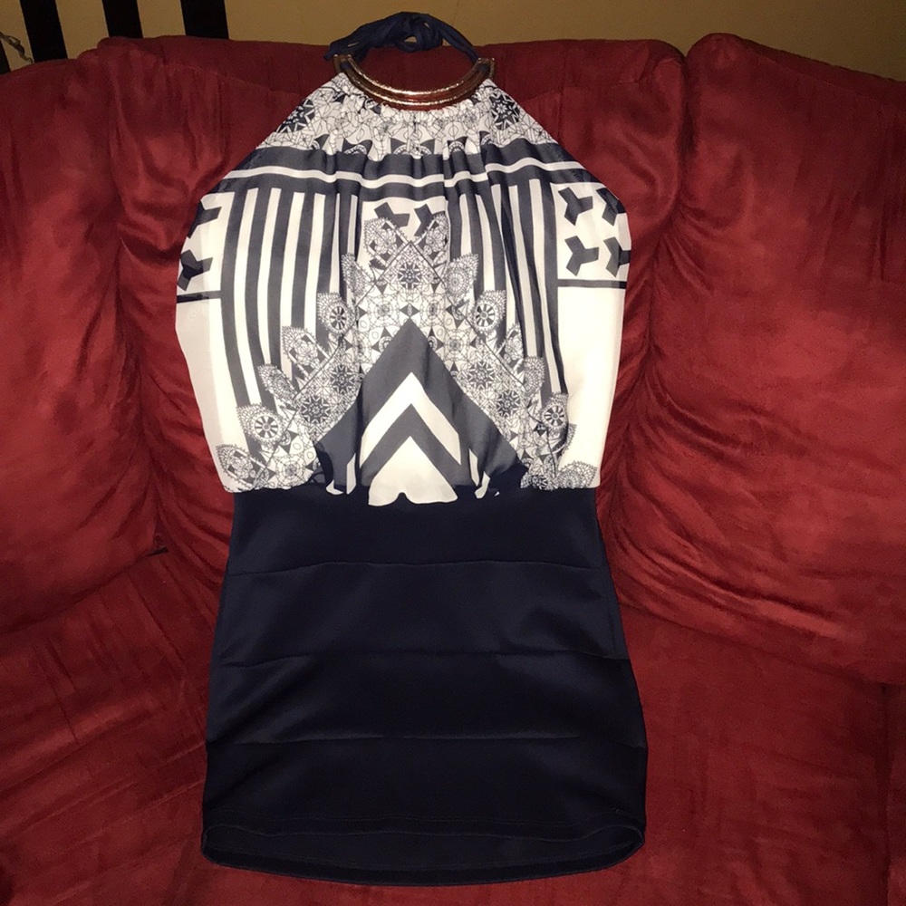 Navy & Cream One Piece Halter Dress. Never worn.